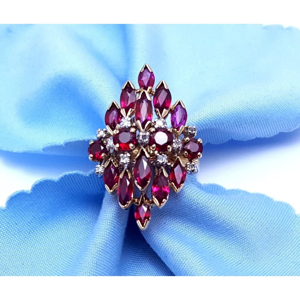Vintage 14k Karat Solid Two Tone Multi Color Gold Designer Ruby  Diamond Ring